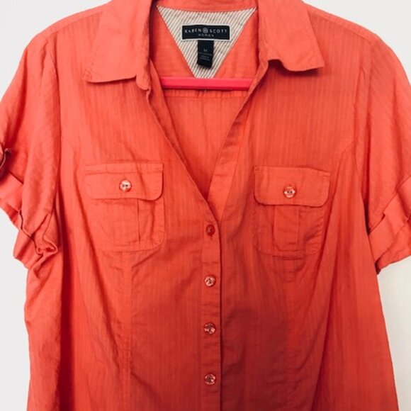 KAREN SCOTT 100% COTTON V-NECK, SHORT SLEEVE BUTTON DOWN BLOUSE. SZ. 1X - Picture 1 of 5